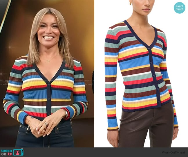 Staud Cargo Striped Cardigan worn by Kit Hoover on Access Hollywood