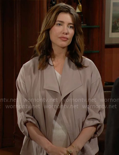 Steffy’s taupe draped front jacket on The Bold and the Beautiful