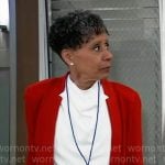 Stella’s white cowl-neck top and red jacket on General Hospital