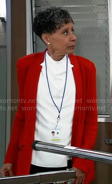 Stella's white cowl-neck top and red jacket on General Hospital