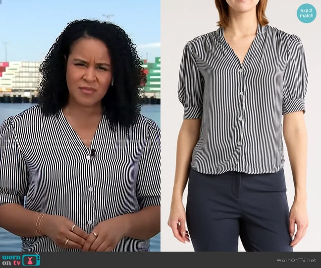 T Tahari Short Sleeve Airflow Blouse in Navy/ White Stripe worn by Elise Preston on CBS Evening News