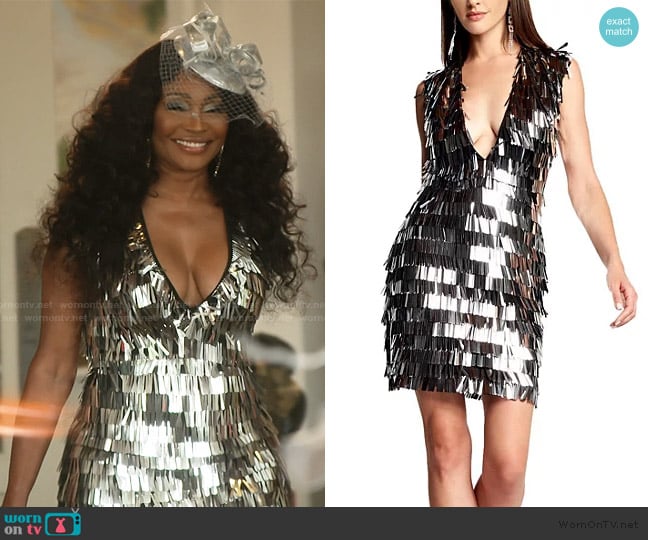 Tadashi Shoji Kipper Plunge Neck Mini Dress worn by Cynthia Bailey on The Real Housewives of Atlanta