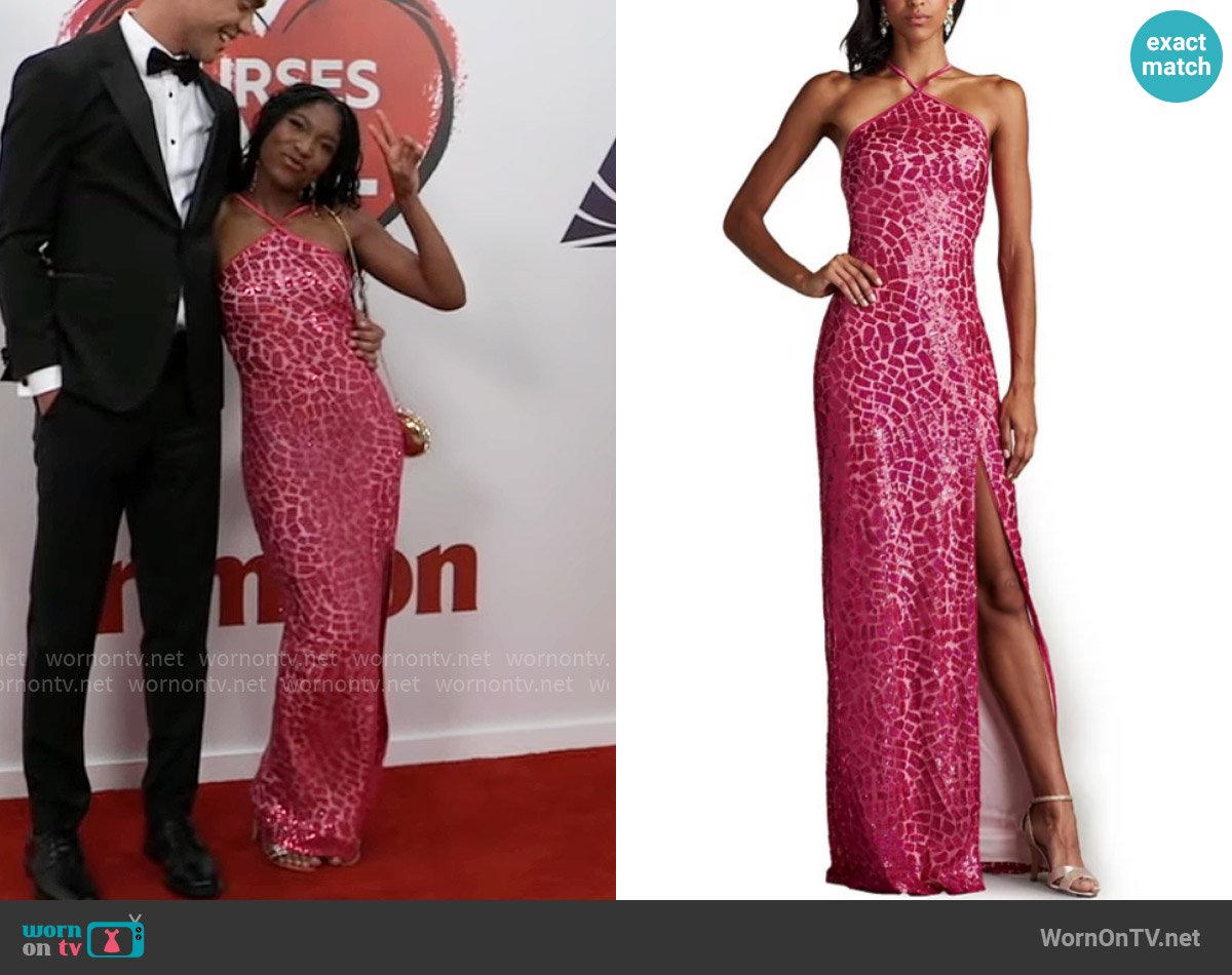 Tadashi Shoji Koda Animal Sequin Halter Gown worn by Trina Robinson (Tabyana Ali) on General Hospital