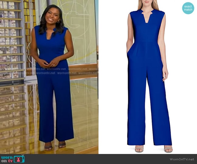 Tahari ASL Sleeveless Crepe Wide-Leg Jumpsuit worn by Rachel Scott on Good Morning America