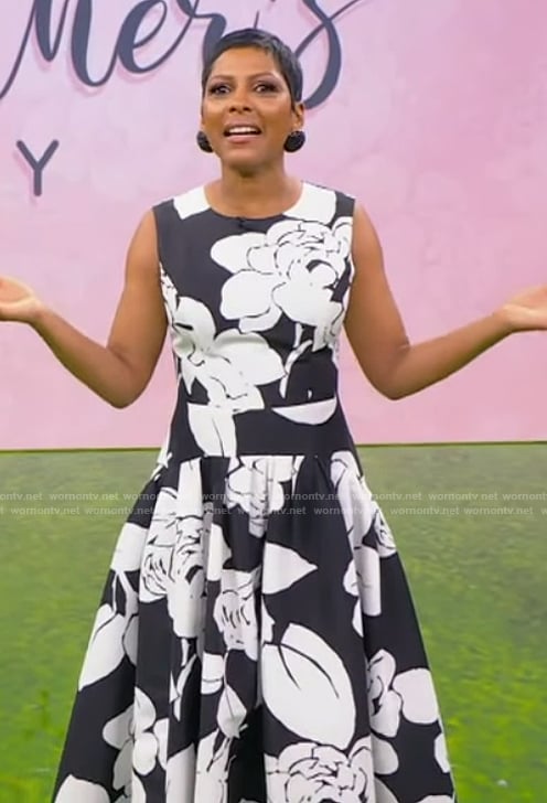 Tamron’s black floral print flare dress on Tamron Hall Show