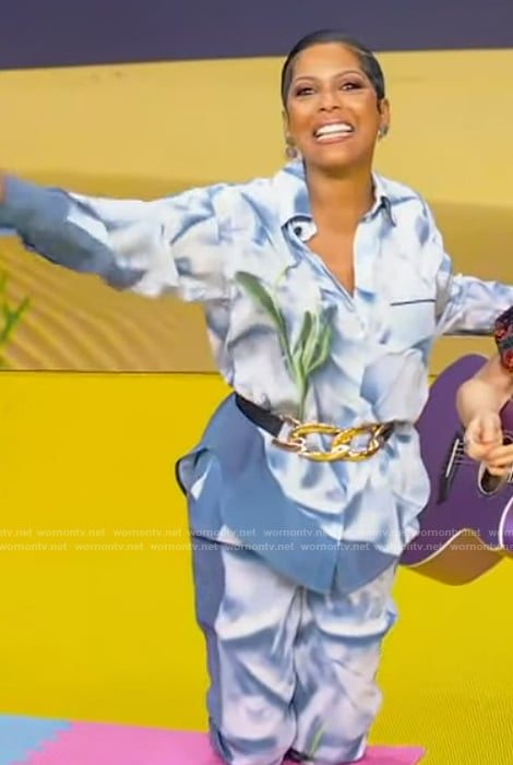 Tamron’s blue floral print pajama set on Tamron Hall Show