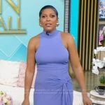 Tamron’s blue tie waist sleeveless dress on Tamron Hall Show