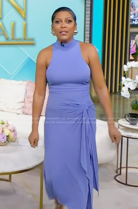 Tamron’s blue tie waist sleeveless dress on Tamron Hall Show