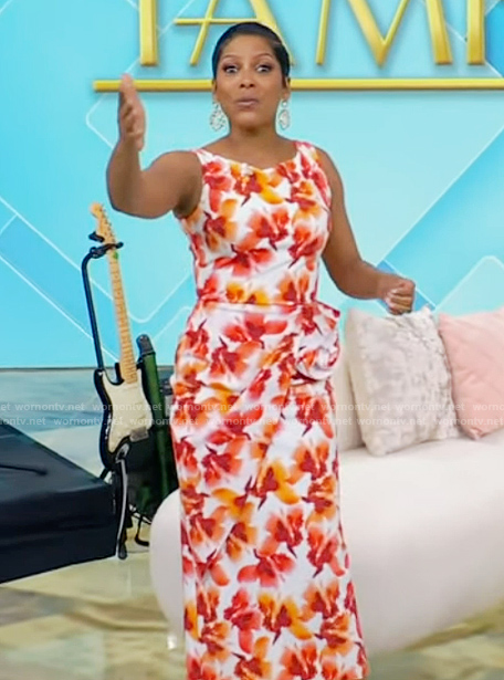Tamron’s floral print ruffle dress on Tamron Hall Show