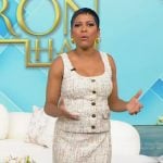 Tamron’s tweed button vest and skirt on Tamron Hall Show