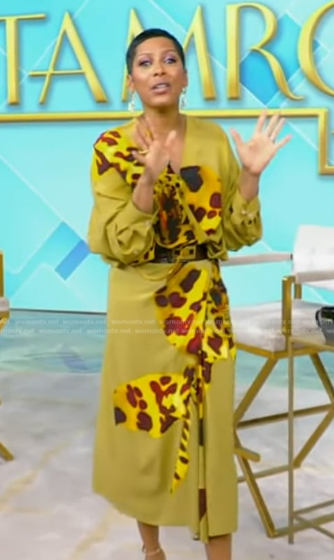 Tamron's yellow floral print drape wrap top and skirt on Tamron Hall Show