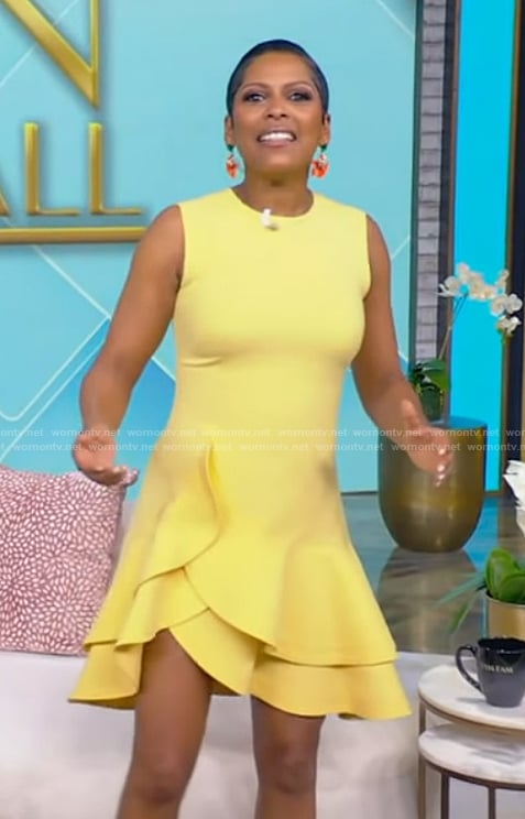 Tamron's yellow ruffle mini dress on Tamron Hall Show