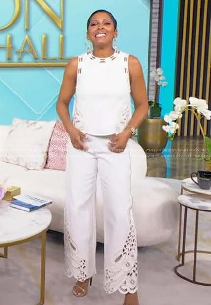 Tamron’s white embroidered top and pants on Tamron Hall Show
