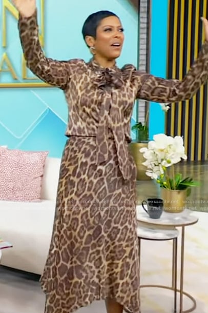 Tamron’s leopard print top and skirt set on Tamron Hall Show