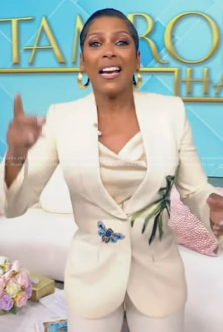 Tamron's white banana leaf embellished blazer on Tamron Hall Show