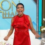 Tamron’s red ruffle front sleeveless dress on Tamron Hall Show