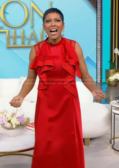 Tamron’s red ruffle front sleeveless dress on Tamron Hall Show