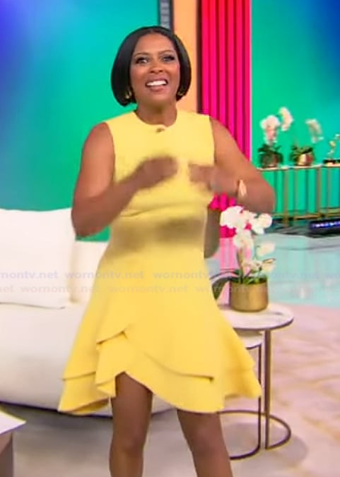 Tamron's yellow ruffle mini dress on Tamron Hall Show