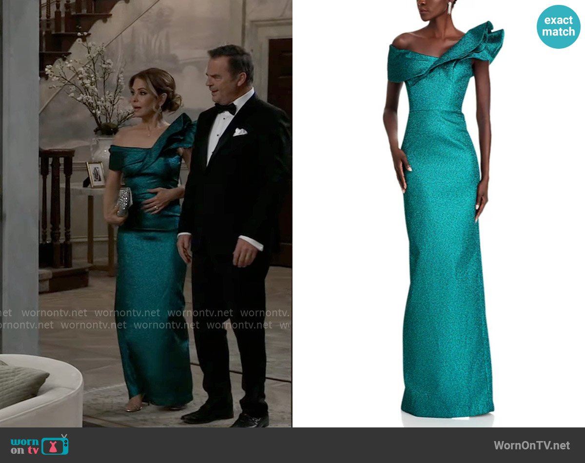 Teri Jon by Rickie Freeman Metallic Jacquard Asymmetrical Ruffle Gown worn by Olivia Falconeri (Lisa Lo Cicero) on General Hospital