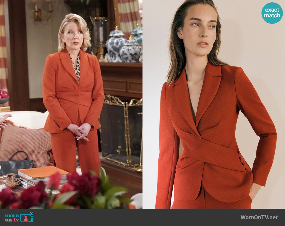 The Fold London Averill Sculpt Stretch Crepe Jacket in Sienna Orange worn by Nikki Reed Newman (Melody Thomas-Scott) on The Young and the Restless