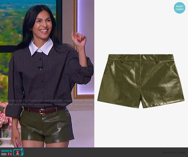 The Frankie Shop Kate Crackled Faux Leather Mini Shorts worn by Elodie Yung on The Jennifer Hudson Show