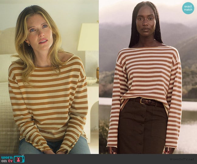 The Great The Sailor Sweater in Camel Stripe worn by Devon DeWitt (Meghann Fahy) on Sirens