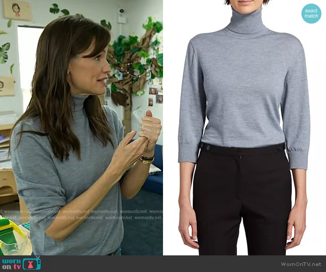 The Row Hevos Cashmere Turtleneck Sweater in Chambray Melange worn by Jennifer Garner on Today