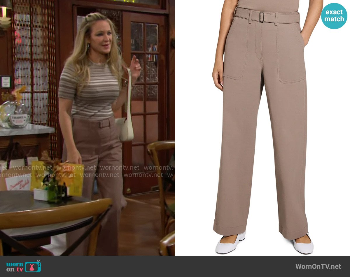 Theory Cotton Blend Utility Pants in Walnut worn by Sharon Newman (Sharon Case) on The Young and the Restless