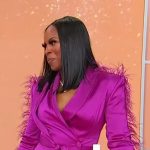 Tiffany Rose Dean’s pink feather trim blazer dress on Sherri