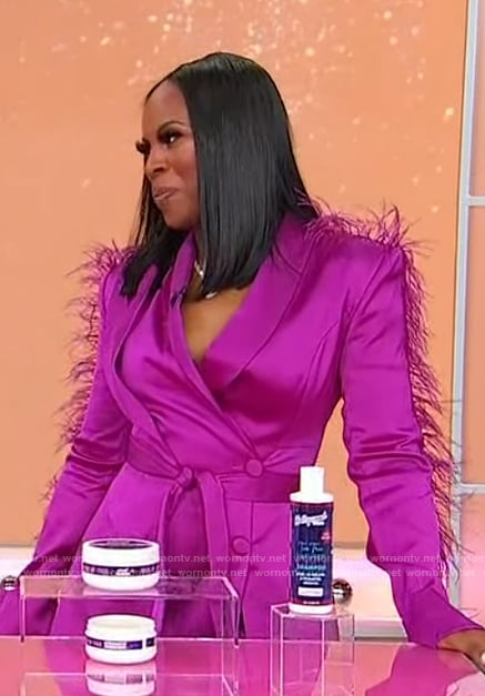 Tiffany Rose Dean’s pink feather trim blazer dress on Sherri
