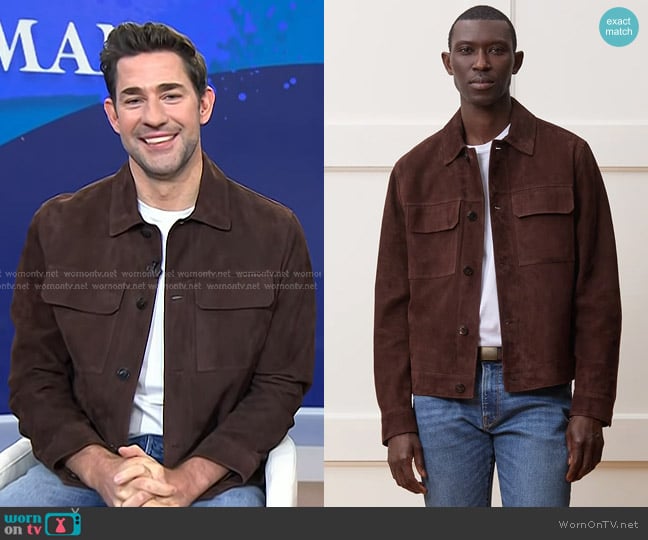 Todd Snyder Italian Suede Worker Jacket in Dark Brown worn by John Krasinski on Today