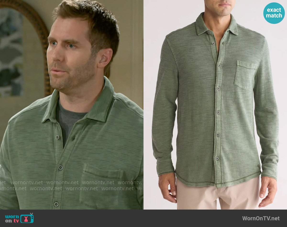 Tommy Bahama Urban Vistas Long Sleeve Button-Up Shirt in Palm Moss worn by Derek Baldwin (Ben Gavin) on Beyond the Gates