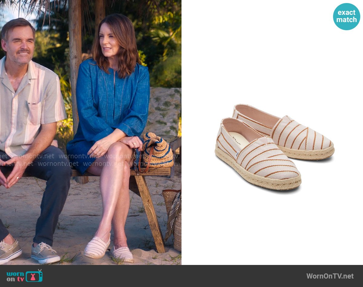Toms Alpargata Rope 2.0 Espadrille in Stripes Ballet Pink worn by Kate (Tina Fey) on The Four Seasons