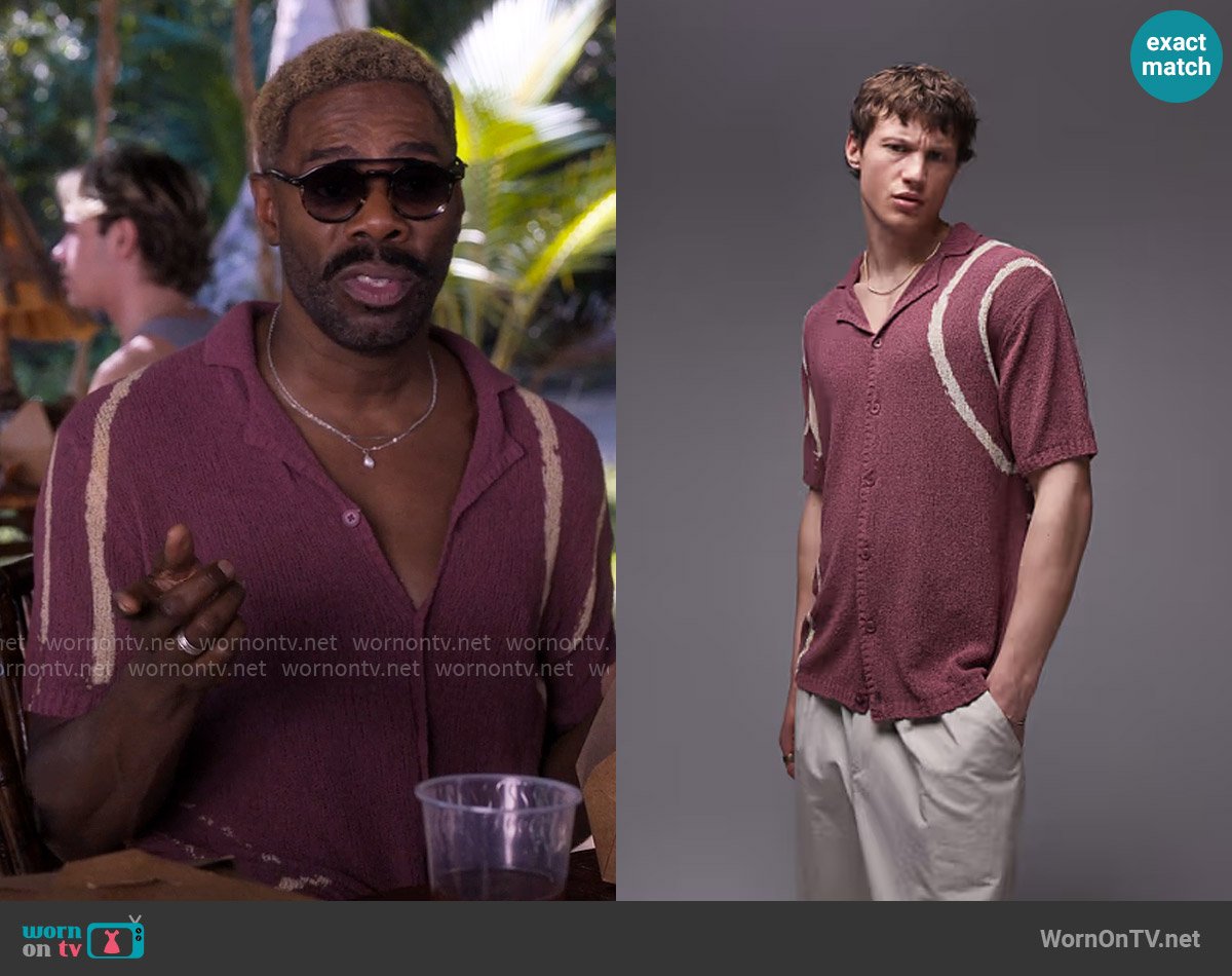 Topman Tie dye knitted button through shirt with revere collar in purple worn by Danny (Colman Domingo) on The Four Seasons