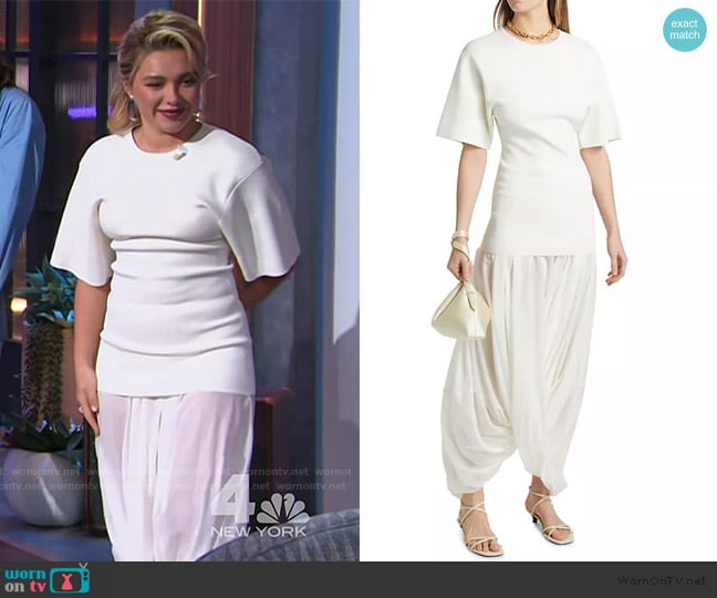Toteme Sculptural Crewneck Combo Maxi Dress worn by Florence Pugh on The Kelly Clarkson Show