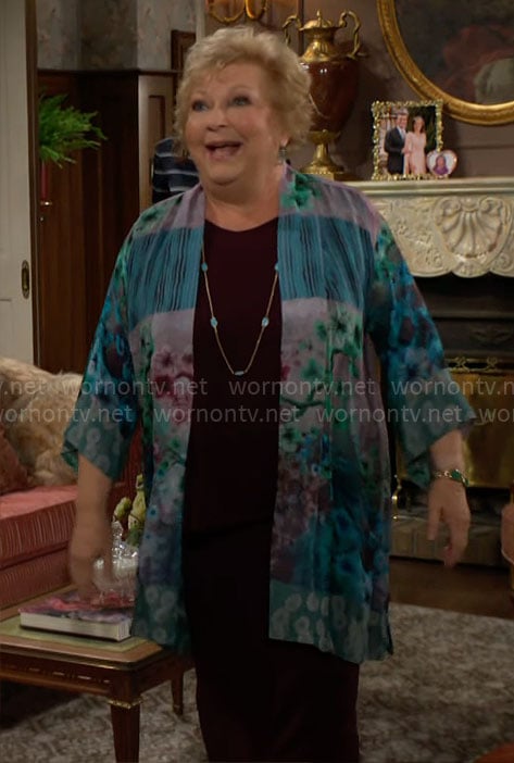 Traci’s blue mixed print kimono jacket on The Young and the Restless