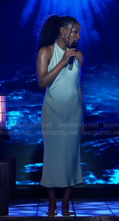 Trina’s blue Nurses Ball performance dress on General Hospital