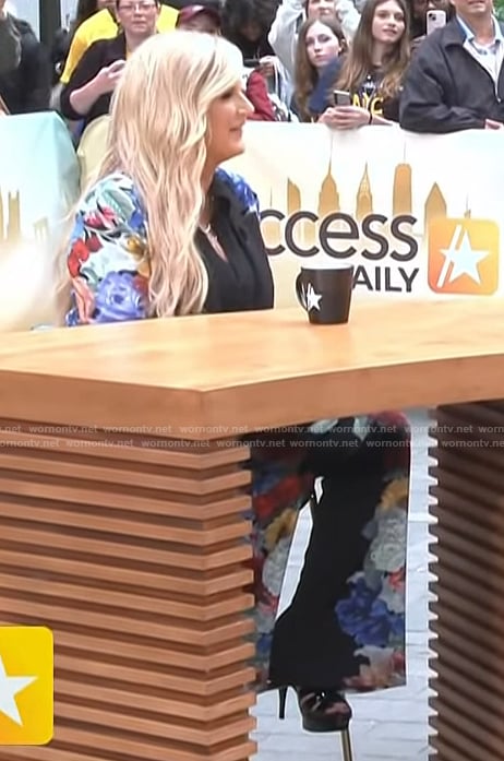 Trisha Yearwoods' black floral print blazer and pants on Access Hollywood