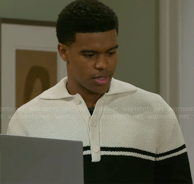 Tyrell's cream and black striped polo sweater on Beyond the Gates