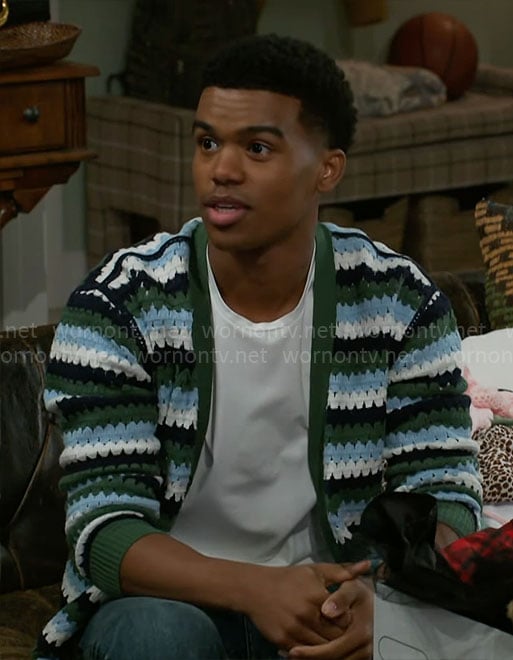 Tyrell's green striped cardigan on Beyond the Gates
