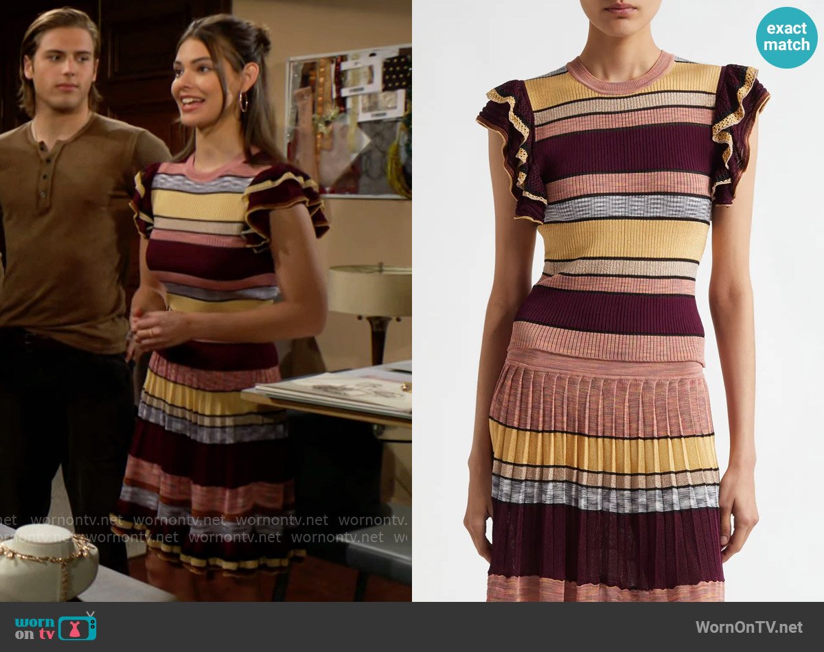 Ulla Johnson Cecile Metallic Stripe Knit Top in Sundown worn by Electra Forrester (Laneya Grace) on The Bold and the Beautiful