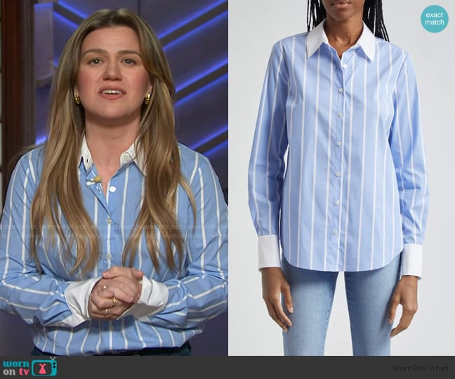 Veronica Beard Marisol Stripe Cotton Blend Button-Up Shirt worn by Kelly Clarkson on The Kelly Clarkson Show
