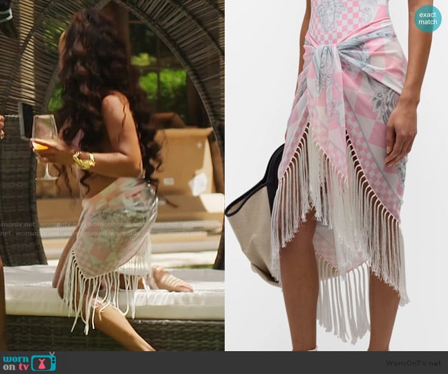 Versace Barocco Damier Print Fringe-Trim Pareo Coverup worn by Kelli Ferrell on The Real Housewives of Atlanta