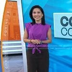 Vicky’s purple tie front top and brown denim skirt on Today