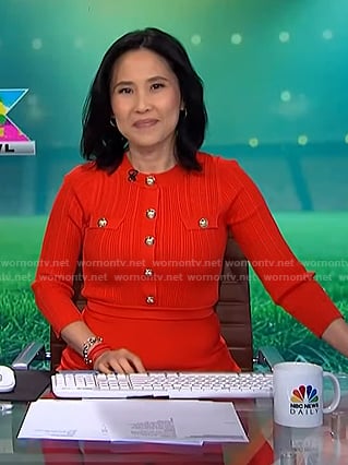 Vicky’s red ribbed knit dress with gold buttons on NBC News Daily
