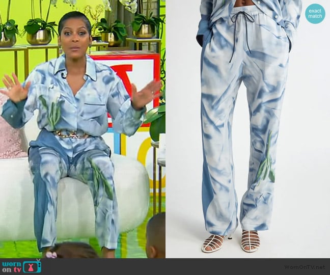 Victoria Beckham Pleat Detail & Flowers Trompe l'Oeil Silk Satin Pants worn by Tamron Hall on Tamron Hall Show