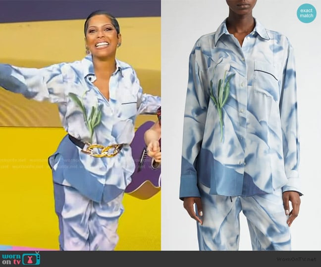 Victoria Beckham Piped Floral Silk Satin Button-Up Pajama Shirt worn by Tamron Hall on Tamron Hall Show