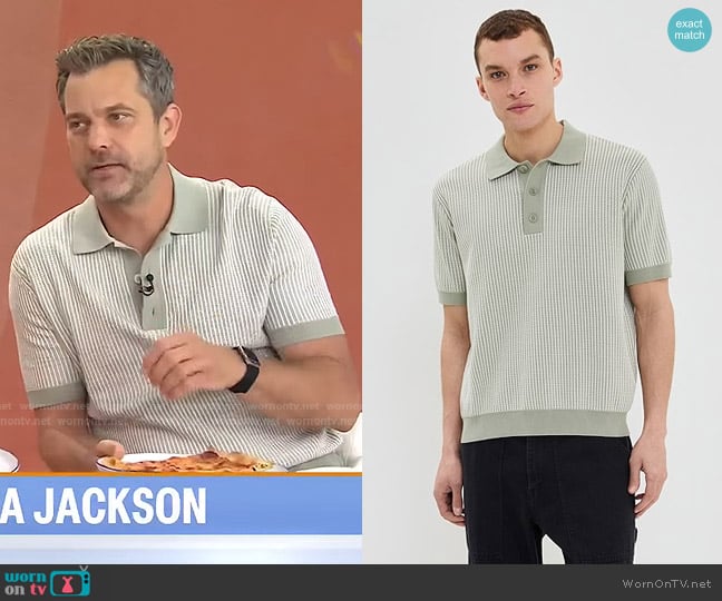 Wax London Ladder Stripe Turin Knit Polo in Light Khaki worn by Joshua Jackson on Today