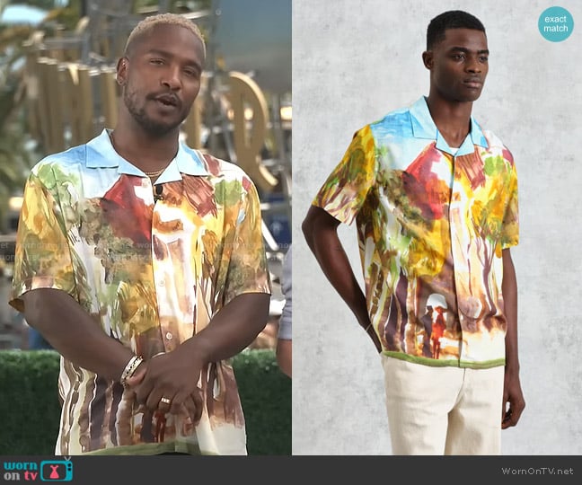 Wax London Didcot Watercolour Abstract Painting Short-Sleeve Shirt worn by Scott Evans on Access Hollywood