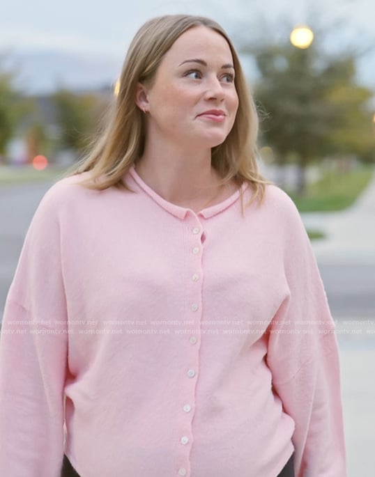 Whitney's pink cardigan on The Secret Lives of Mormon Wives